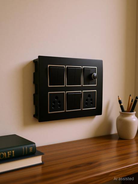 BAHUL 7 Switch Board with Regulator & 2x5A Socket Black Surface Mount Wall Plate