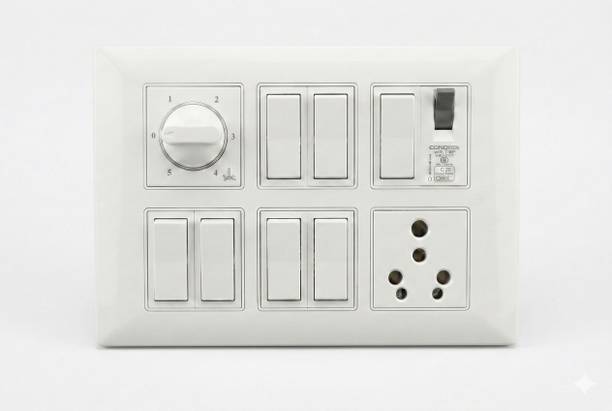 BAHUL BAHUL WALL board with 7 switch 1 Fan regularor with double combined socket 1  Socket Extension Boards