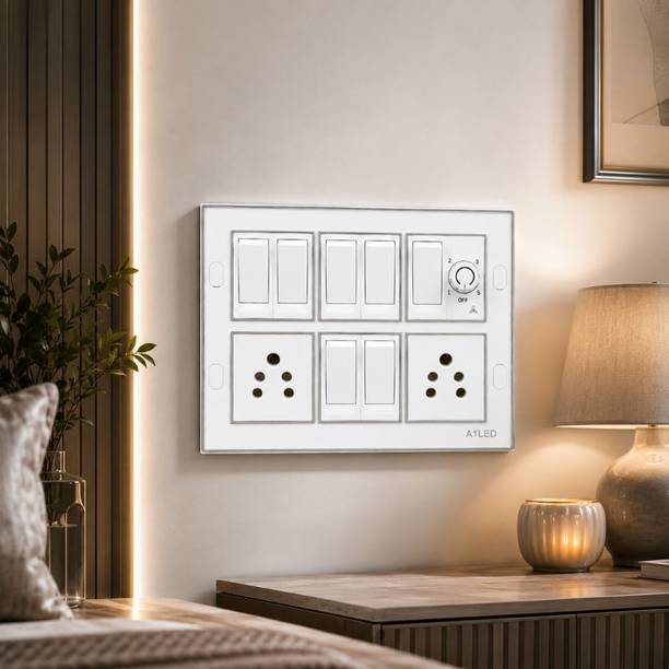 A1 LED Modular Switch Board with Box | 7 Switches, 2 Sockets & Fan Regulator Wall Plate