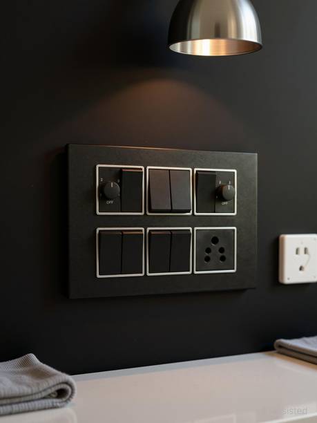 BAHUL 8 Switch Board with Dual Regulator & 5A Socket Black Wall Plate