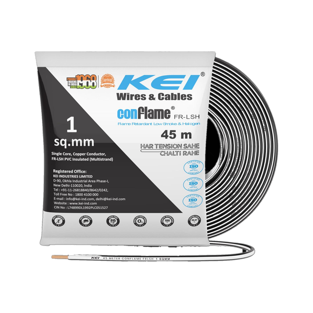KEI Conflame FRLSH,99.97% Pure Copper Conductor FRLSH PVC Insulated 1 Sq/mm Black 45 m Wire