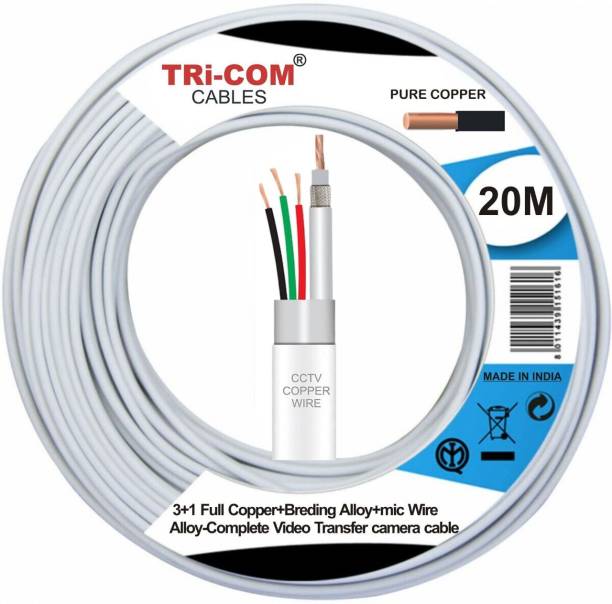 TRICOM 3+1 CCTV Camera Cable Audio Video Signal DC/BNC Video Power With Breading Alloy 14 sq/mm White 20 m Wire