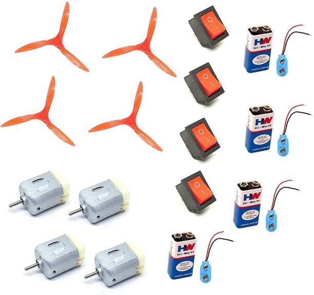 INVENTO 4Pcs DC Motor 20x15x25mm + 5 inch 3 Blade Fan + Rocker Switch + 9V Battery Hobby Automotive Electronic Hobby Kit