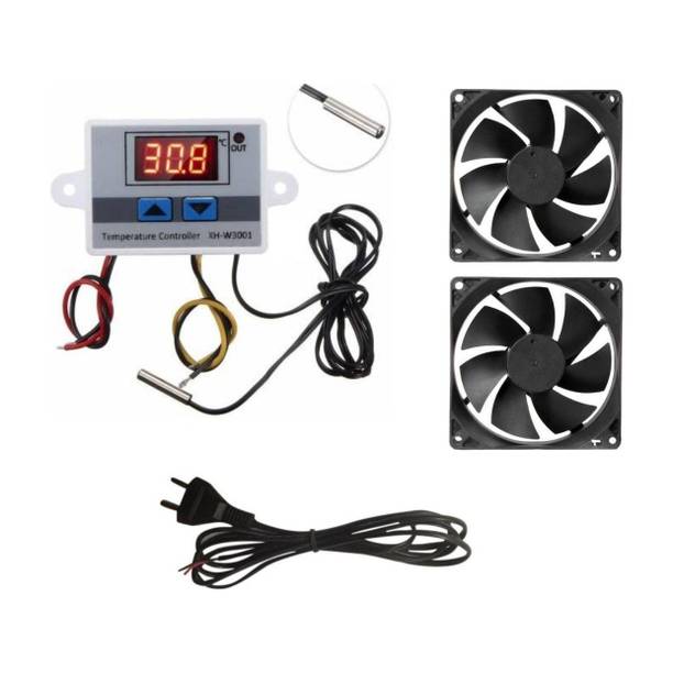 TechSupreme COMBO 1 W3001 2 3 Inch Cooling Fan 2 Pin AC Power Cord (Cable) 2 mtrs XH W3001 AC 220V 1500W DIGITAL MICROCOMPUTER THERMOSTAT SWITCH For Diy Incubator Temperature Sensor and Controller Electronic Hobby Kit