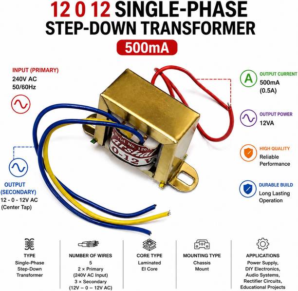 CircuitCraft Marshal 12-0-12V 500mA Step Down Transformer Single Phase Copper Winding Electronic Components Electronic Hobby Kit