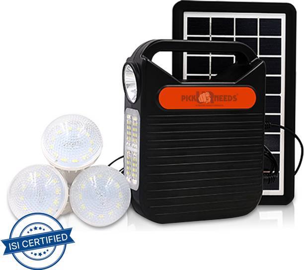 Pick Ur Needs LED Emergency Portable Inverter with 3 Individual 6 Volt LED Hanging Bulbs with 3.75 m Long Wire and AC/DC USB Socket with USB Wire for Mobile Charging with Solar Panel 5 hrs Torch Emergency Light