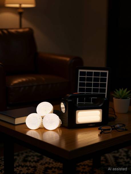 Pick Ur Needs Emergency Portable Inverter with 3 Individual 6 Volt LED Hanging Bulbs with 3.75 m Long Wire and AC/DC USB Socket with USB Wire for Mobile Charging with Solar Panel 5 hrs Lantern Emergency Light
