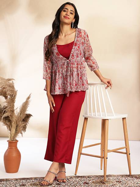 Women Crepe Crop Top Pant Ethnic Jacket Set