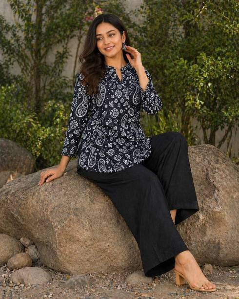 GB COLLECTION Casual Printed Women Black Top
