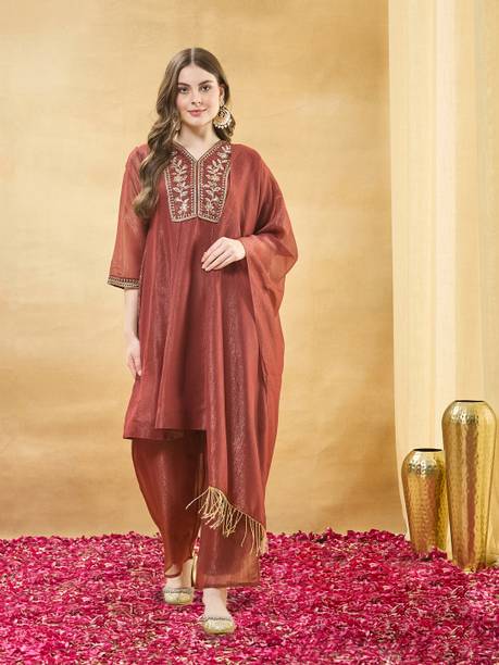 Women Pure Silk Kurta Palazzo Dupatta Set