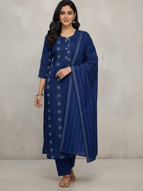Women Khadi Cotton Kurti Pant Dupatta Set