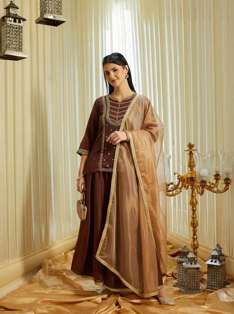 Women Pure Silk Kurta Sharara Dupatta Set