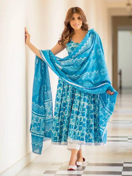 Women Printed Viscose Rayon Anarkali Kurta With Attached Dupatta Price in India