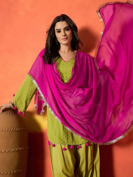 Women Viscose Rayon, Chiffon Kurti Salwar Dupatta Set