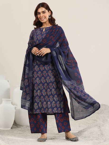 Women Cotton Blend Kurta Palazzo Dupatta Set