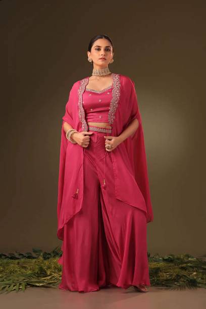 Women Silk Blend Kurta Palazzo Cape Set