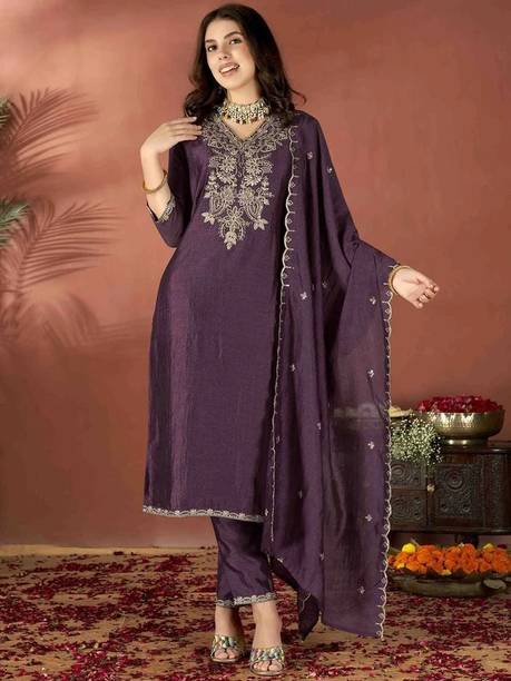 KURTA & BOTTOM WITH DUPPATA Embroidered Kurta, Trouser/Pant & Dupatta Set