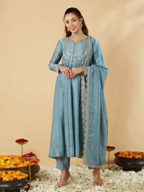 MOKOSH Women Silk Blend Kurta Pant Dupatta Set