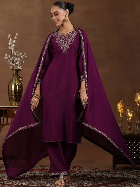 Women Silk Blend Kurta Palazzo Dupatta Set