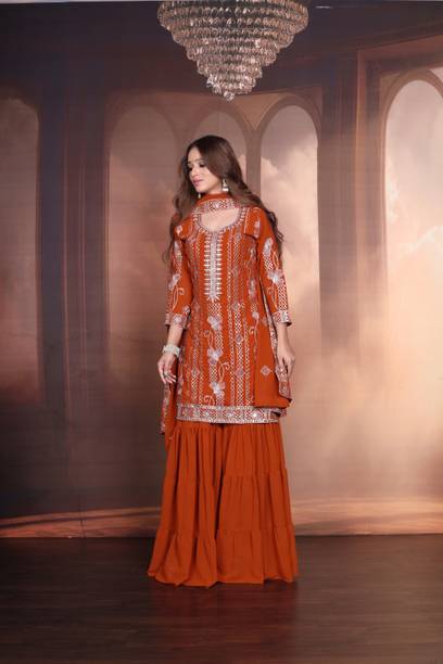 Women Georgette Kurta Sharara Dupatta Set