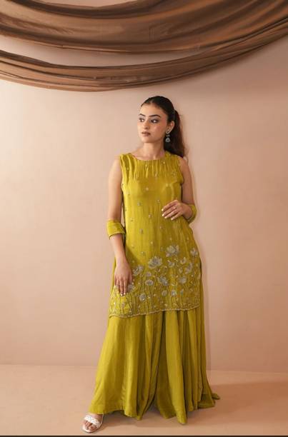 Women Chanderi Kurta Palazzo Dupatta Set