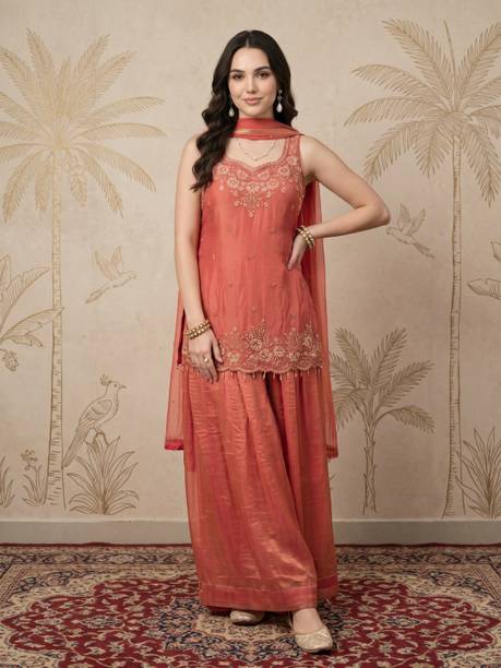 Sangria Women Satin Kurta Sharara Dupatta Set