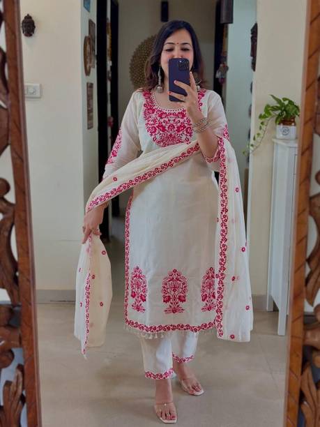 Women Cotton Blend Kurti Pant Attached Dupatta Set