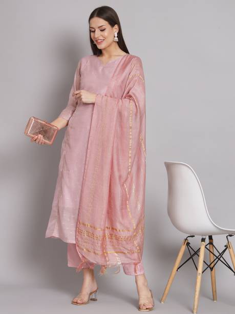 VredeVogel Women Chanderi Kurta Pant Dupatta Set