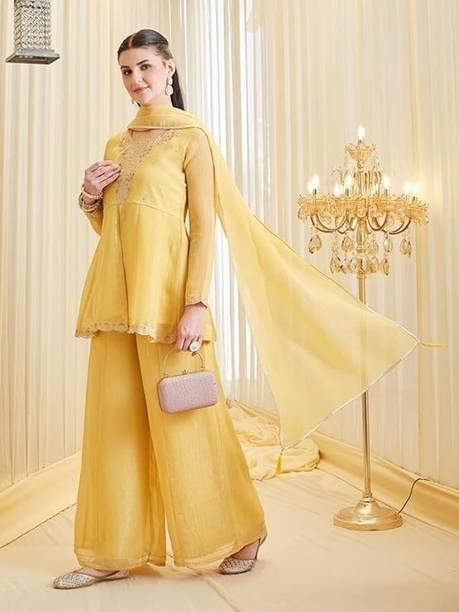 Women Pure Silk Ethnic Top Palazzo Dupatta Set