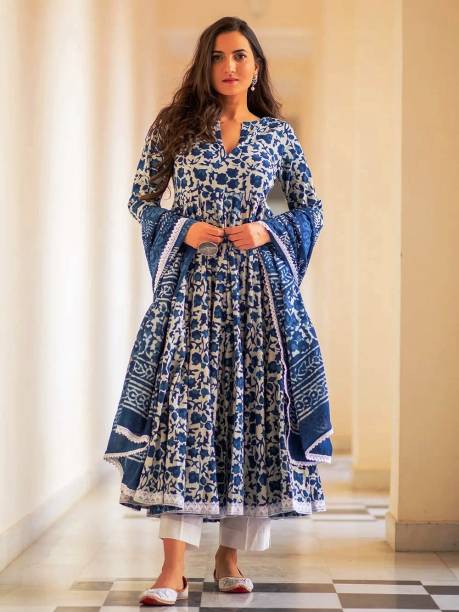 Women Floral Print Cotton Rayon Anarkali Kurta With Attached Dupatta Price in India