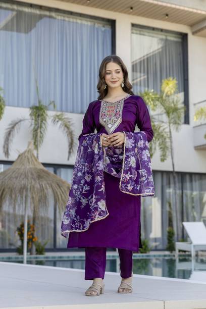 Clothyvia pure fabric kurta with pant and dupatta set Embroidered Kurta, Trouser/Pant & Dupatta Set