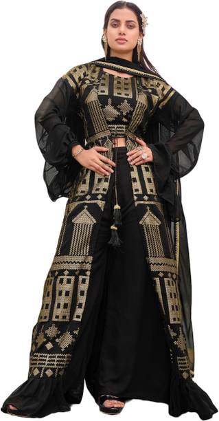Women Georgette Crop Top Palazzo Dupatta Set