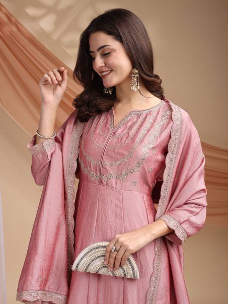 Womens Trending Anarkali Kurti Plazzo Set Embroidered Kurta, Palazzo & Dupatta Set