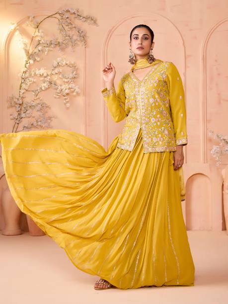 Women Georgette Ethnic Top Skirt Dupatta Set