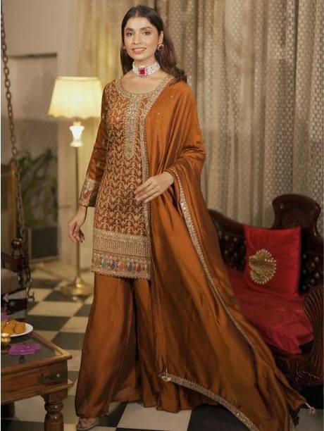 Women Silk Blend Kurta Sharara Dupatta Set
