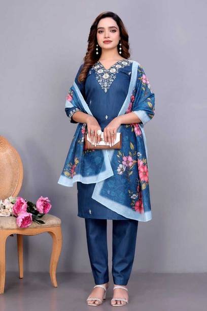 Women Cotton Blend Kurta Pant Attached Dupatta Set