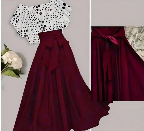 Women Crepe Crop Top Skirt Set