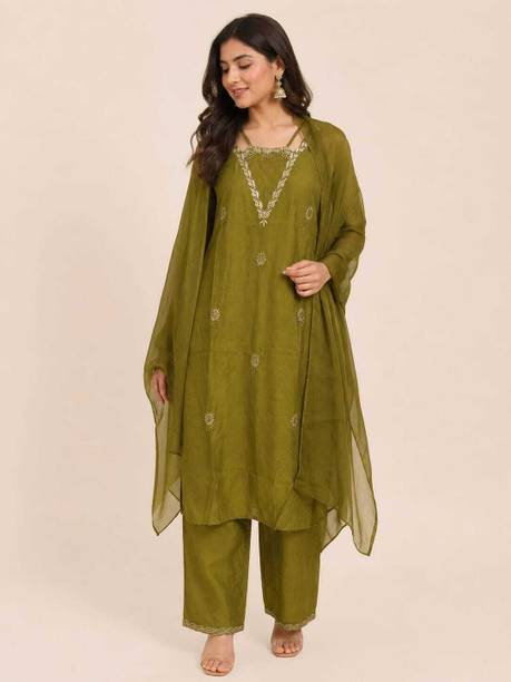 Women Cotton Blend, Cotton Rayon Kurta Pant Dupatta Set