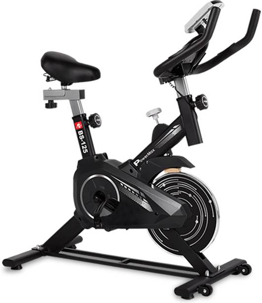 पावरमैक्स फिटनेस BS-125 gym cycle with 7Kg Flywheel | ipad holder | Knob braking, max user 130kg अपराइट स्टेशनरी एक्सरसाइज बाइक