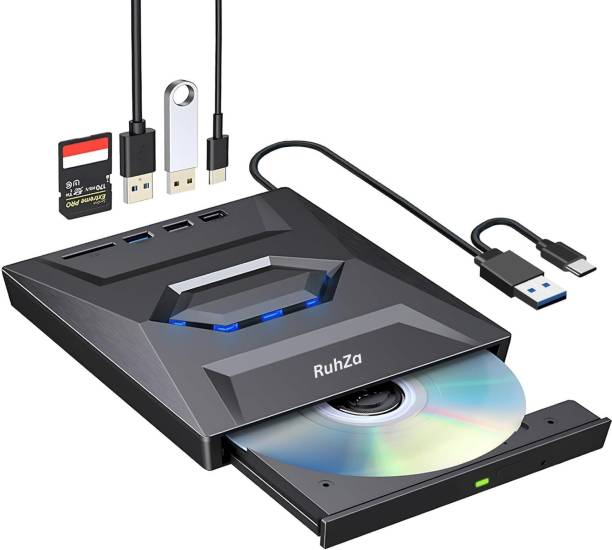 RuhZa CD DVD Drive with USB 3.0 & USB-C Ports & SD Card Slot, Portable CD Burner DVD External DVD Writer