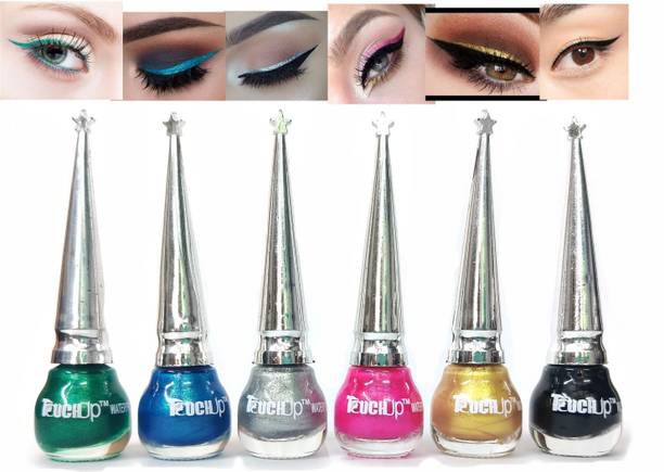 touchup Waterproof Glitter Liquid Eyeliner set of 6, 5ml Each, Gliter Green, Glitter Sky Blue, Glitter Silver, Glitter pink, Glitter Golden and Matte Black 30 ml