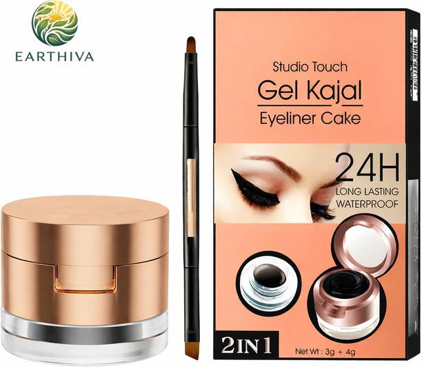 EARTHIVA 2-in-1 Gel Kajal,Eyebrow,Eyeliner Cake with Brush – 24H Long Lasting, Waterproof 7 g