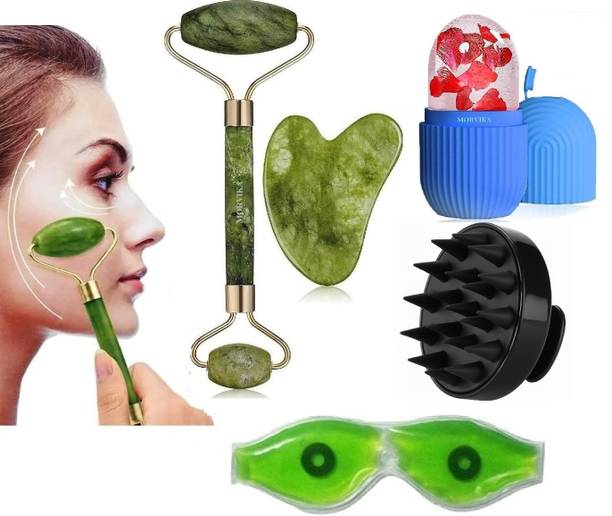 MORVIKA Jade Rollerwith Gua Sha Stone | Ice Roller For Face Women Skin | Hair Scalp Massager, Soft Shampoo Brush for Hair Growth | Aloe Vera Cool Gel Eye Mask Massager