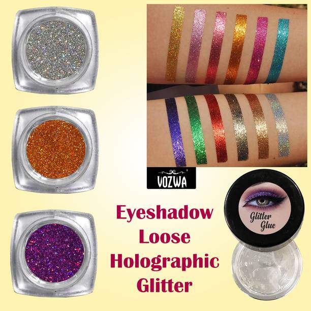 VOZWA Eyeshadow Holographic Loose Glitter (Eyes + Body + Nails) with Glitter Glue 20 g