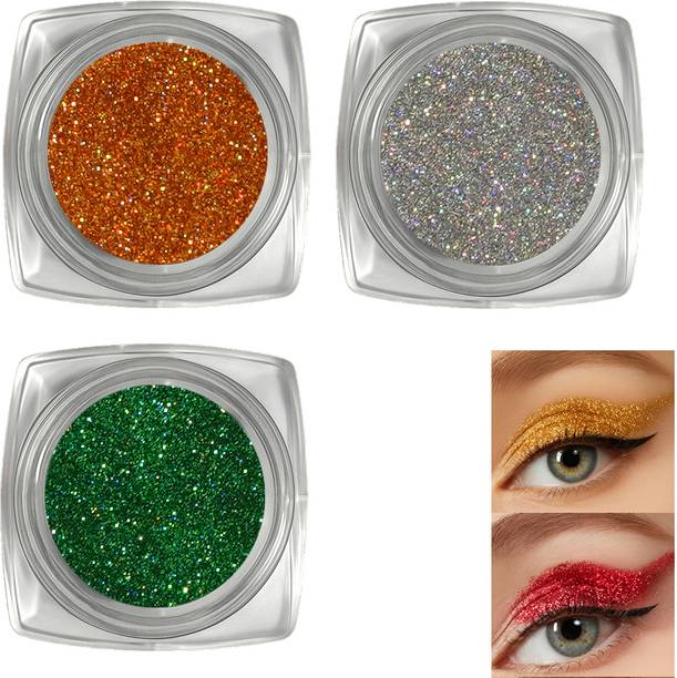 VOZWA HD Holographic Long Wearing Loose Glitter Eyeshadow (golden + Silver + green) 3 g