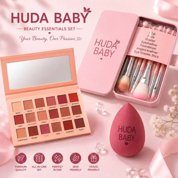HUDA BABY 3 in 1 Makeup Combo Kit | Eyeshadow Palette + Makeup Brush Set + Beauty Blender 18 g