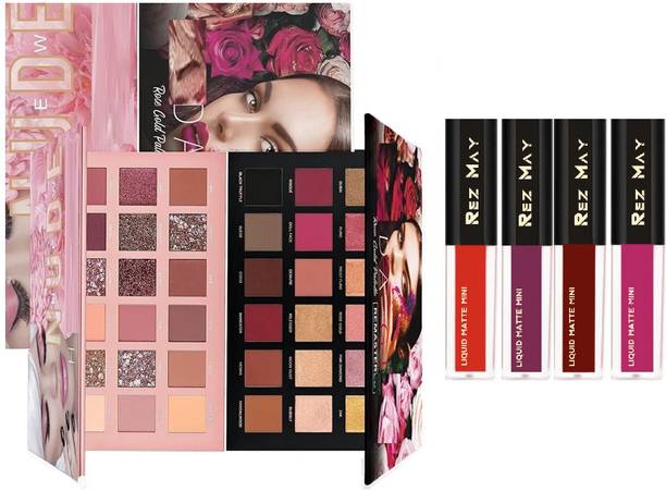 rezmay Beauty Promo Pack Rose Gold & Nude Eyeshadow Palette + Liquid Lipsticks Set of 4 36 g