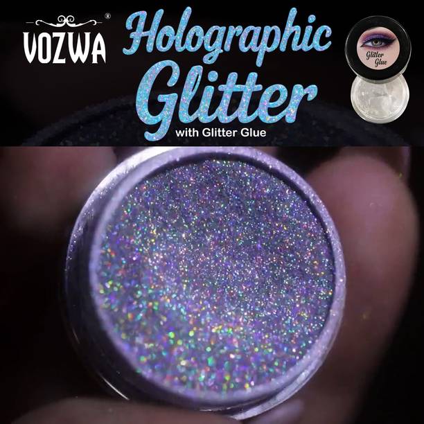 VOZWA Holographic Eye Glitter Holo Silver Eye, Hair, Nail, Eyeshadow with Glitter Glue 20 g