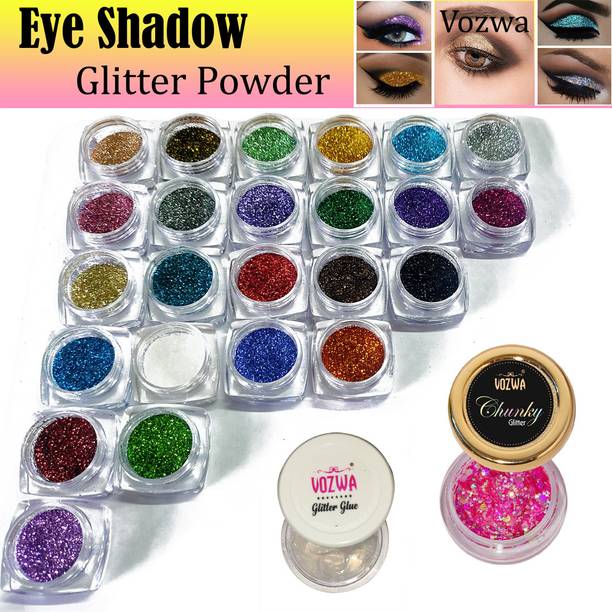 VOZWA 25 Unique Color Eye Shadow Glitter + 1 Pink Chunky Glitter + 1 Glitter Glue 50 g