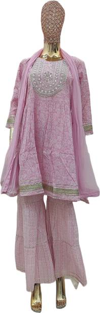 Semi Stitched Pure Cotton Kurta & Sharara Fabric Embroidered